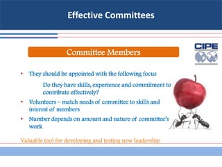 Effective Committees
Committee Members
• They should be appointed with the following focus
Do they have skills, experience and commitment to
contribute effectively?
• Volunteers – match needs of committee to skills and
interest of members
• Number depends on amount and nature of committee’s
work
Valuable tool for developing and testing new leadership
 