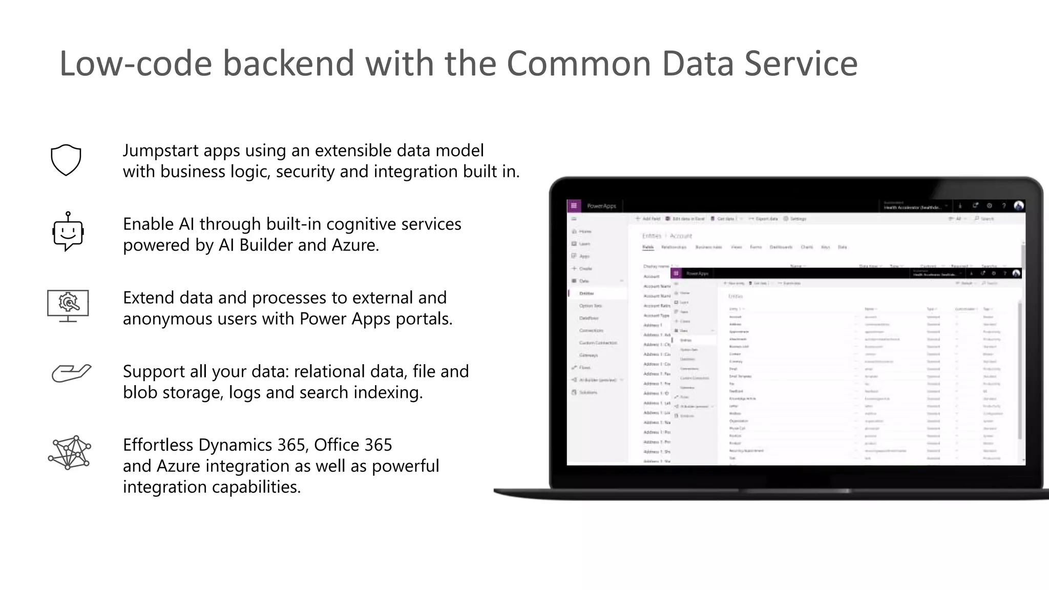 Low-code backend with the Common Data Service
Jumpstart apps using an extensible data model
with business logic, security and integration built in.
Enable AI through built-in cognitive services
powered by AI Builder and Azure.
Extend data and processes to external and
anonymous users with Power Apps portals.
Support all your data: relational data, file and
blob storage, logs and search indexing.
Effortless Dynamics 365, Office 365
and Azure integration as well as powerful
integration capabilities.
 