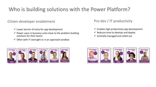 Who is building solutions with the Power Platform?
Pro-dev / IT productivity
 Enables high productivity app development
 Reduces time to develop and deploy
 Centrally managed and rolled out
 Lower barrier of entry for app development
 Power users in business units close to the problem building
solutions for their teams
 Often with IT oversight or in an approved sandbox
Citizen developer enablement
 
