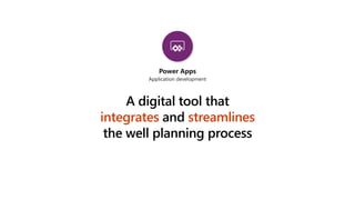 Power Apps
Application development
A digital tool that
integrates and streamlines
the well planning process
 