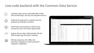 Low-code backend with the Common Data Service
Jumpstart apps using an extensible data model
with business logic, security and integration built in.
Enable AI through built-in cognitive services
powered by AI Builder and Azure.
Extend data and processes to external and
anonymous users with Power Apps portals.
Support all your data: relational data, file and
blob storage, logs and search indexing.
Effortless Dynamics 365, Office 365
and Azure integration as well as powerful
integration capabilities.
 