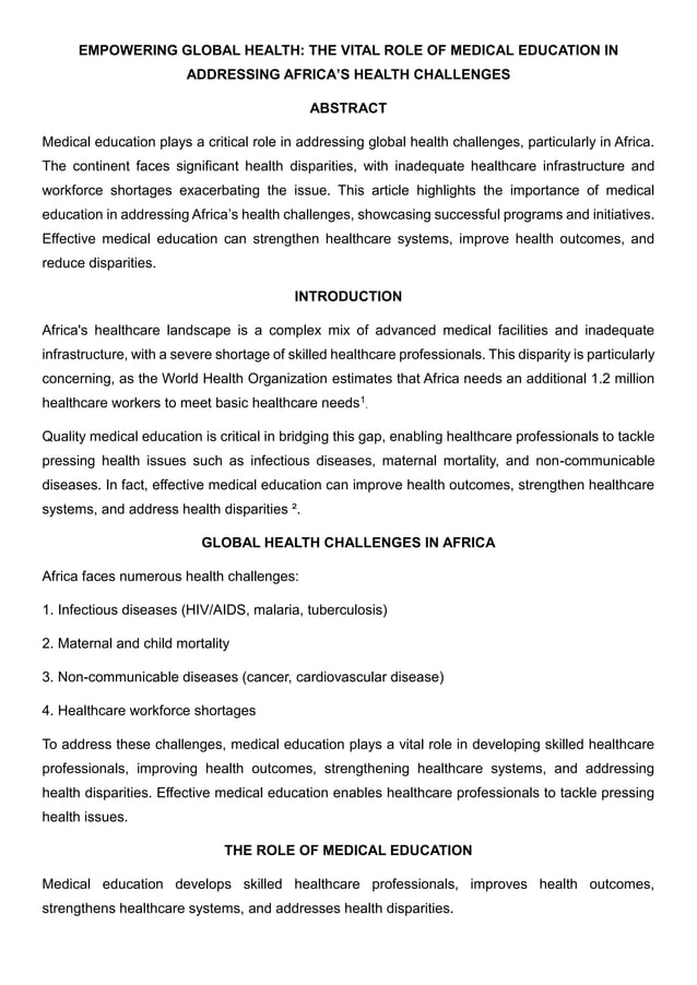 EMPOWERING GLOBAL HEALTH - THE VITAL ROLE OF MEDICAL EDUCATION IN ...