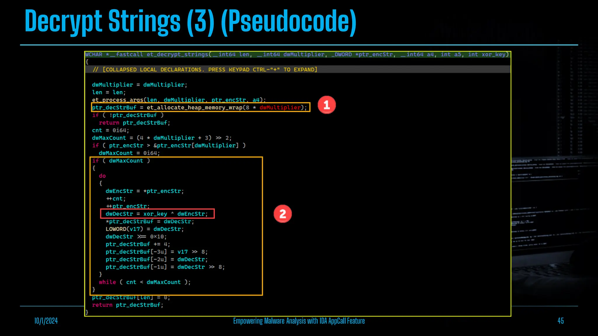 Decrypt Strings (3) (Pseudocode)
10/1/2024 Empowering Malware Analysis with IDA AppCall Feature 45
 