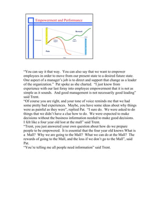 Empowerment and Performance
                     Now
                     P
                     r
                     e
                     s
                                                  Reward
                     e
                     n
                     t
                                                           Future
                     S
                     t                        With           D
       Performance          Without                          e
                     a
                            Support          Support
                     t                                       s
                     e                                       i
                                                             r
                                                             e
                                                             d


                                                             S
                     Pain                                    t
                                                             a
                                                             t
                                                             e

                                      Time




“You can say it that way. You can also say that we want to empower
employees in order to move from our present state to a desired future state.
One aspect of a manager’s job is to direct and support that change as a leader
of the organization.” Pat spoke as she charted. “I just know from
experience with our last foray into employee empowerment that it is not as
simple as it sounds. And good management is not necessarily good leading”
said Trent.
“Of course you are right, and your tone of voice reminds me that we had
some pretty bad experiences. Maybe, you have some ideas about why things
were as painful as they were”, replied Pat. “I sure do. We were asked to do
things that we didn’t have a clue how to do. We were expected to make
decisions without the business information needed to make good decisions.
I felt like a four year old lost at the mall” said Trent.
“Trent, you just answered your own question about how do we prepare
people to be empowered. It is essential that the four year old knows What is
a Mall? Why we are going to the Mall? What we can do at the Mall? The
rewards of going to the Mall, and the loss if we don’t go to the Mall”, said
Pat.
“You’re telling me all people need information” said Trent.
 