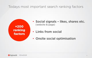 Todays most important search ranking factors

•  Social signals – likes, shares etc.
+200
ranking
factors

(website & page...