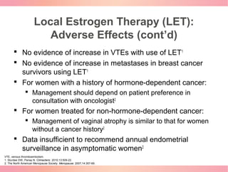 Local Estrogen Therapy (LET):
Adverse Effects (cont’d)
 No evidence of increase in VTEs with use of LET1
 No evidence of...
