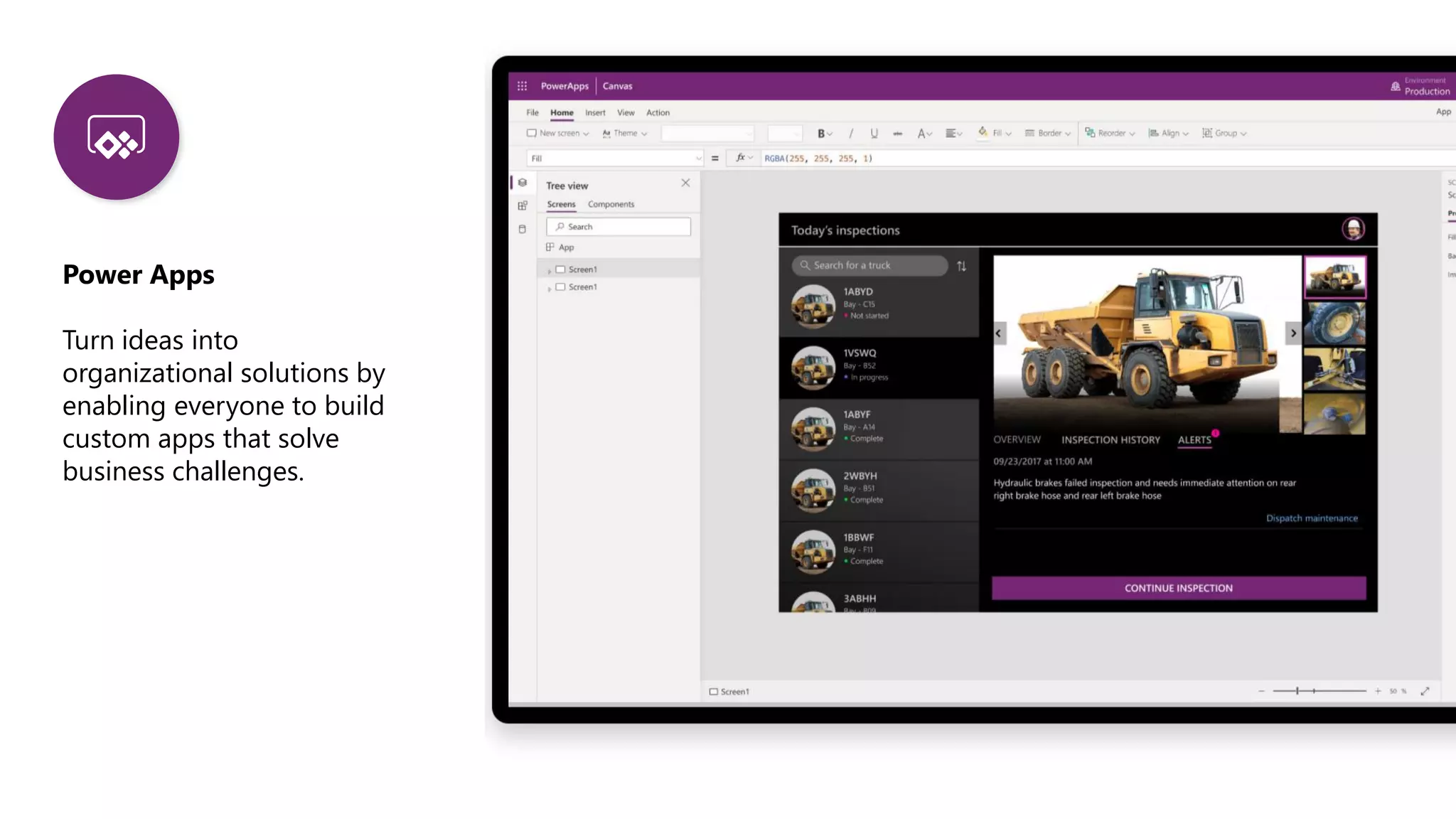 Power Apps
Turn ideas into
organizational solutions by
enabling everyone to build
custom apps that solve
business challenges.
 