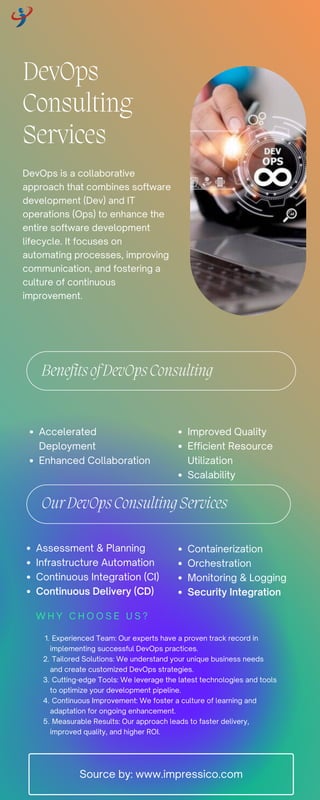 OurDevOpsConsultingServices
BenefitsofDevOpsConsulting
Source by: www.impressico.com
Improved Quality
Efficient Resource
Utilization
Scalability
DevOps
Consulting
Services
DevOps is a collaborative
approach that combines software
development (Dev) and IT
operations (Ops) to enhance the
entire software development
lifecycle. It focuses on
automating processes, improving
communication, and fostering a
culture of continuous
improvement.
Assessment & Planning
Infrastructure Automation
Continuous Integration (CI)
Continuous Delivery (CD)
Accelerated
Deployment
Enhanced Collaboration
W H Y C H O O S E U S ?
Experienced Team: Our experts have a proven track record in
implementing successful DevOps practices.
Tailored Solutions: We understand your unique business needs
and create customized DevOps strategies.
Cutting-edge Tools: We leverage the latest technologies and tools
to optimize your development pipeline.
Continuous Improvement: We foster a culture of learning and
adaptation for ongoing enhancement.
Measurable Results: Our approach leads to faster delivery,
improved quality, and higher ROI.
1.
2.
3.
4.
5.
Containerization
Orchestration
Monitoring & Logging
Security Integration
 