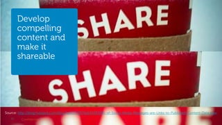 Develop
        compelling
        content and
        make it
        shareable




Source: http://blog.hubspot.com/blog/tabid/6307/bid/14353/60-of-Social-Media-Messages-are-Links-to-Published-Content-Data.aspx
   30    Confidential                                                                                   Global Marketing
 