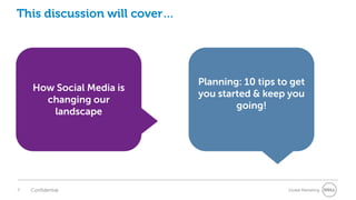 This discussion will cover…




                              Planning: 10 tips to get
    How Social Media is
                              you started & keep you
      changing our
                                      going!
       landscape




7   Confidential                                  Global Marketing
 
