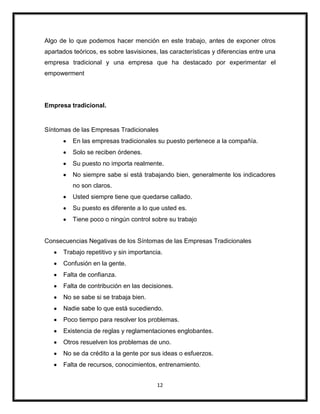 12
Algo de lo que podemos hacer mención en este trabajo, antes de exponer otros
apartados teóricos, es sobre lasvisiones, las características y diferencias entre una
empresa tradicional y una empresa que ha destacado por experimentar el
empowerment
Empresa tradicional.
Síntomas de las Empresas Tradicionales
En las empresas tradicionales su puesto pertenece a la compañía.
Solo se reciben órdenes.
Su puesto no importa realmente.
No siempre sabe si está trabajando bien, generalmente los indicadores
no son claros.
Usted siempre tiene que quedarse callado.
Su puesto es diferente a lo que usted es.
Tiene poco o ningún control sobre su trabajo
Consecuencias Negativas de los Síntomas de las Empresas Tradicionales
Trabajo repetitivo y sin importancia.
Confusión en la gente.
Falta de confianza.
Falta de contribución en las decisiones.
No se sabe si se trabaja bien.
Nadie sabe lo que está sucediendo.
Poco tiempo para resolver los problemas.
Existencia de reglas y reglamentaciones englobantes.
Otros resuelven los problemas de uno.
No se da crédito a la gente por sus ideas o esfuerzos.
Falta de recursos, conocimientos, entrenamiento.
 