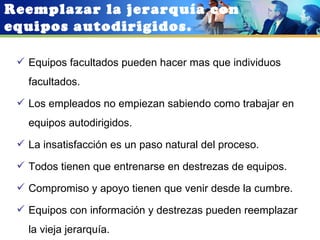 Reemplazar la jerarquía con
equipos autodirigidos.

  Equipos facultados pueden hacer mas que individuos
   facultados.
  Los empleados no empiezan sabiendo como trabajar en
   equipos autodirigidos.
  La insatisfacción es un paso natural del proceso.

  Todos tienen que entrenarse en destrezas de equipos.

  Compromiso y apoyo tienen que venir desde la cumbre.

  Equipos con información y destrezas pueden reemplazar
   la vieja jerarquía.
 