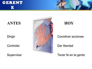 GERENT
   E


 ANTES             HOY


 Dirigir      Coordinar acciones


 Controlar    Dar libertad


 Supervisar   Tener fe en la gente
 