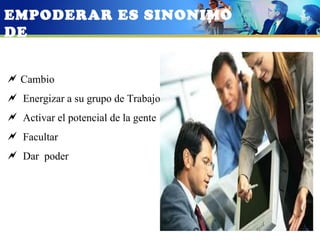 EMPODERAR ES SINONIMO
DE


 Cambio
 Energizar a su grupo de Trabajo
 Activar el potencial de la gente
 Facultar
 Dar poder
 
