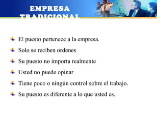 EMPRESA
TRADICIONAL


El puesto pertenece a la empresa.
Solo se reciben ordenes
Su puesto no importa realmente
Usted no puede opinar
Tiene poco o ningún control sobre el trabajo.
Su puesto es diferente a lo que usted es.
 