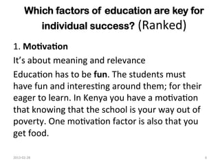 Which factors of education are key for
                     individual success?	
  (Ranked)	
  

1.	
  Mo6va6on	
  	
                    	
  
It’s	
  about	
  meaning	
  and	
  relevance	
  
Educa1on	
  has	
  to	
  be	
  fun.	
  The	
  students	
  must	
  
have	
  fun	
  and	
  interes1ng	
  around	
  them;	
  for	
  their	
  
eager	
  to	
  learn.	
  In	
  Kenya	
  you	
  have	
  a	
  mo1va1on	
  
that	
  knowing	
  that	
  the	
  school	
  is	
  your	
  way	
  out	
  of	
  
poverty.	
  One	
  mo1va1on	
  factor	
  is	
  also	
  that	
  you	
  
get	
  food.	
  
	
  
	
  
2013-­‐02-­‐28	
                                                                 6	
  
 