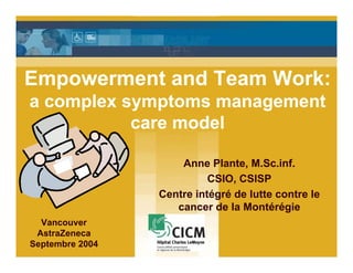Empowerment and Team Work:
a complex symptoms management
           care model

                     Anne Plante, M.Sc.inf.
                           CSIO, CSISP
                 Centre intégré de lutte contre le
                    cancer de la Montérégie
  Vancouver
 AstraZeneca
Septembre 2004