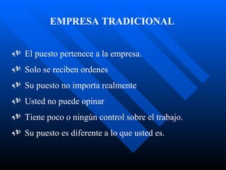 EMPRESA TRADICIONAL El puesto pertenece a la empresa. Solo se reciben ordenes  Su puesto no importa realmente Usted no puede opinar Tiene poco o ningún control sobre el trabajo. Su puesto es diferente a lo que usted es. 