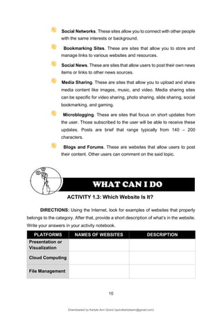 10
ACTIVITY 1.3: Which Website Is It?
WHAT CAN I DO
Social Networks. These sites allow you to connect with other people
with the same interests or background.
Bookmarking Sites. These are sites that allow you to store and
manage links to various websites and resources.
Social News. These are sites that allow users to post their own news
items or links to other news sources.
Media Sharing. These are sites that allow you to upload and share
media content like images, music, and video. Media sharing sites
can be specific for video sharing, photo sharing, slide sharing, social
bookmarking, and gaming.
Microblogging. These are sites that focus on short updates from
the user. Those subscribed to the user will be able to receive these
updates. Posts are brief that range typically from 140 – 200
characters.
Blogs and Forums. These are websites that allow users to post
their content. Other users can comment on the said topic.
DIRECTIONS: Using the Internet, look for examples of websites that properly
belongs to the category. After that, provide a short description of what’s in the website.
Write your answers in your activity notebook.
PLATFORMS NAMES OF WEBSITES DESCRIPTION
Presentation or
Visualization
Cloud Computing
File Management
Downloaded by Karlyle Ann Quirol (quirolkarlyleann@gmail.com)
lOMoARcPSD|38968612
 