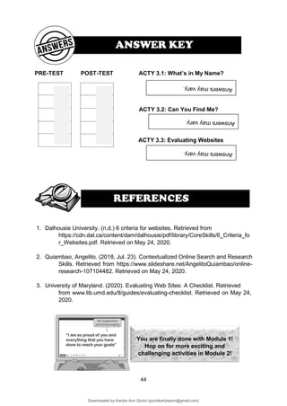 44
You are finally done with Module 1!
Hop on for more exciting and
challenging activities in Module 2!
PRE-TEST POST-TEST ACTY 3.1: What’s in My Name?
ACTY 3.2: Can You Find Me?
ACTY 3.3: Evaluating Websites
1. Dalhousie University. (n.d.) 6 criteria for websites. Retrieved from
https://cdn.dal.ca/content/dam/dalhousie/pdf/library/CoreSkills/6_Criteria_fo
r_Websites.pdf. Retrieved on May 24, 2020.
2. Quiambao, Angelito. (2018, Jul. 23). Contextualized Online Search and Research
Skills. Retrieved from https://www.slideshare.net/AngelitoQuiambao/online-
research-107104482. Retrieved on May 24, 2020.
3. University of Maryland. (2020). Evaluating Web Sites: A Checklist. Retrieved
from www.lib.umd.edu/tl/guides/evaluating-checklist. Retrieved on May 24,
2020.
ANSWER KEY
Downloaded by Karlyle Ann Quirol (quirolkarlyleann@gmail.com)
lOMoARcPSD|38968612
 