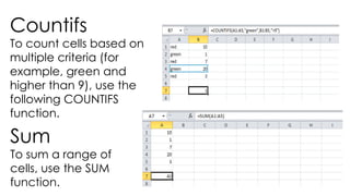 Countifs
To count cells based on
multiple criteria (for
example, green and
higher than 9), use the
following COUNTIFS
function.
Sum
To sum a range of
cells, use the SUM
function.
 