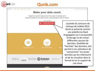Qunb.com


              Lauréate du concours de
             startups de LeWeb 2012,
             Qunb se présente comme
                une plateforme DaaS
           d'agrégation où il est possible
               d'interagir et de croiser
               différentes sources de
                données. Qualifiée de
           "YouTube" des données, elle
            permet à ses utilisateurs de
              "consommer" les seules
            données qui les intéressent
             et de les visualiser dans le
            format et sur le support de
                      son choix.
 