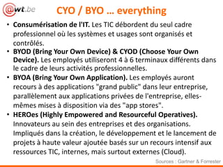 CYO / BYO … everything
• Consumérisation de l'IT. Les TIC débordent du seul cadre
  professionnel où les systèmes et usages sont organisés et
  contrôlés.
• BYOD (BringYourOwnDevice) & CYOD (ChooseYourOwnDevice).
  Les employés utiliseront 4 à 6 terminaux différents dans le cadre
  de leurs activités professionnelles.
• BYOA (BringYourOwn Application). Les employés auront recours
  à des applications "grand public" dans leur entreprise,
  parallèlement aux applications privées de l'entreprise, elles-
  mêmes mises à disposition via des "app stores".
• HEROes (HighlyEmpowered and ResourcefulOperatives).
  Innovateurs au sein des entreprises et des organisations.
  Impliqués dans la création, le développement et le lancement de
  projets à haute valeur ajoutée basés sur un recours intensif aux
  ressources TIC, internes, mais surtout externes (Cloud).
                                               Sources : Gartner & Forrester
 