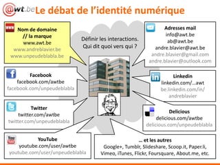 Le débat de l’identité numérique
   Nom de domaine                                               Adresses mail
     // la marque                                                info@awt.be
                             Définir les interactions.            ab@awt.be
     www.awt.be
  www.andreblavier.be
                             Qui dit quoi vers qui ?        andre.blavier@awt.be
 www.unpeudeblabla.be                                      andre.blavier@gmail.com
                                                          andre.blavier@outlook.com

         Facebook                                                     Linkedin
    facebook.com/awtbe                                          linkedin.com/…awt
facebook.com/unpeudeblabla                                      be.linkedin.com/in/
                                                                    andreblavier

           Twitter
                                                                    Delicious
     twitter.com/awtbe
                                                              delicious.com/awtbe
twitter.com/unpeudeblabla
                                                         delicious.com/unpeudeblabla

           YouTube                                    … et les autres
    youtube.com/user/awtbe            Google+, Tumblr, Slideshare, Scoop.it, Paper.li,
youtube.com/user/unpeudeblabla       Vimeo, iTunes, Flickr, Foursquare, About.me, etc.
 