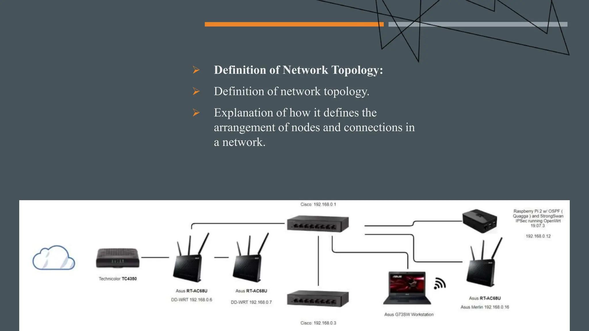  Definition of Network Topology:
 Definition of network topology.
 Explanation of how it defines the
arrangement of nodes and connections in
a network.
 