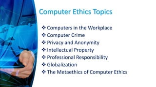 Computer Ethics Topics
Computers in the Workplace
Computer Crime
Privacy and Anonymity
Intellectual Property
Professional Responsibility
Globalization
The Metaethics of Computer Ethics
 