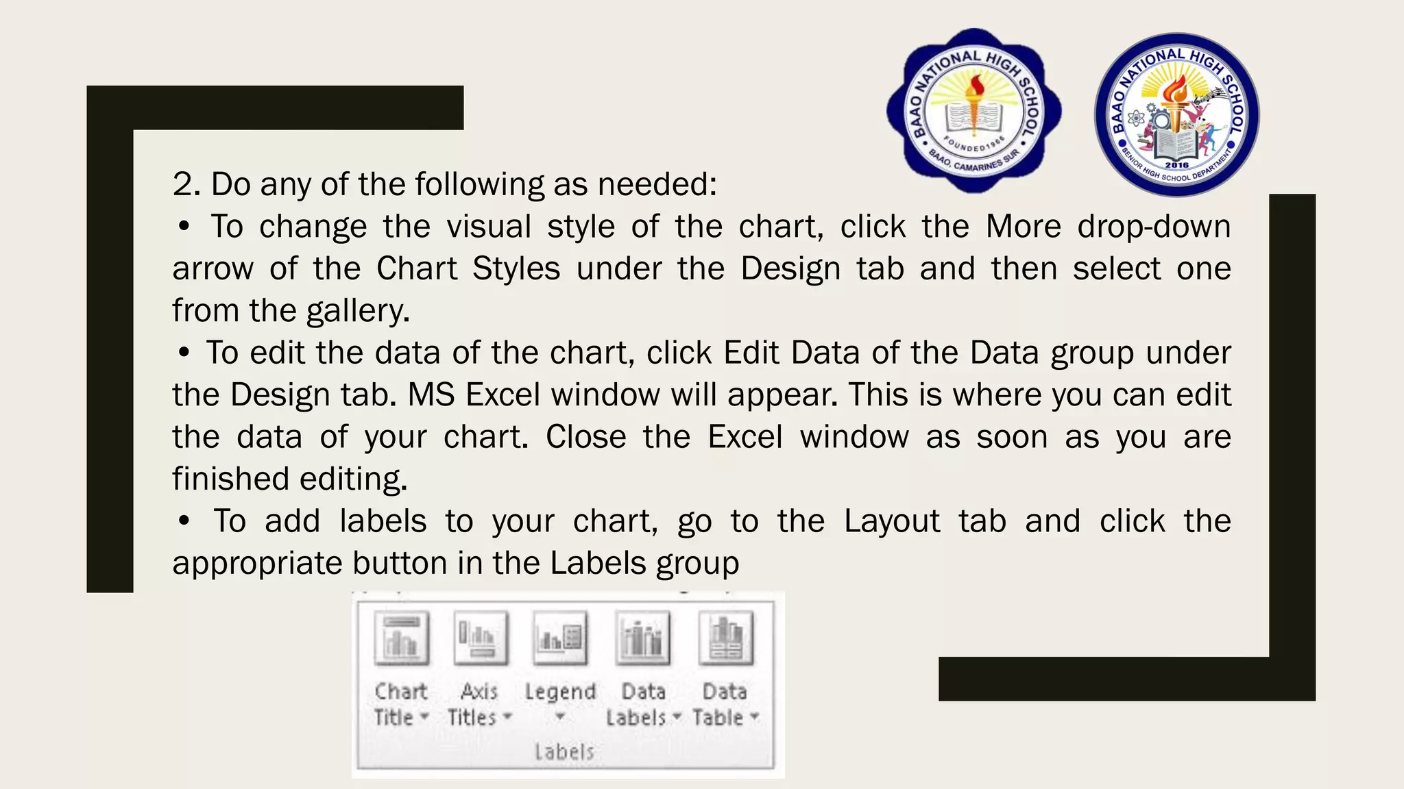 2. Do any of the following as needed:
• To change the visual style of the chart, click the More drop-down
arrow of the Chart Styles under the Design tab and then select one
from the gallery.
• To edit the data of the chart, click Edit Data of the Data group under
the Design tab. MS Excel window will appear. This is where you can edit
the data of your chart. Close the Excel window as soon as you are
finished editing.
• To add labels to your chart, go to the Layout tab and click the
appropriate button in the Labels group
 