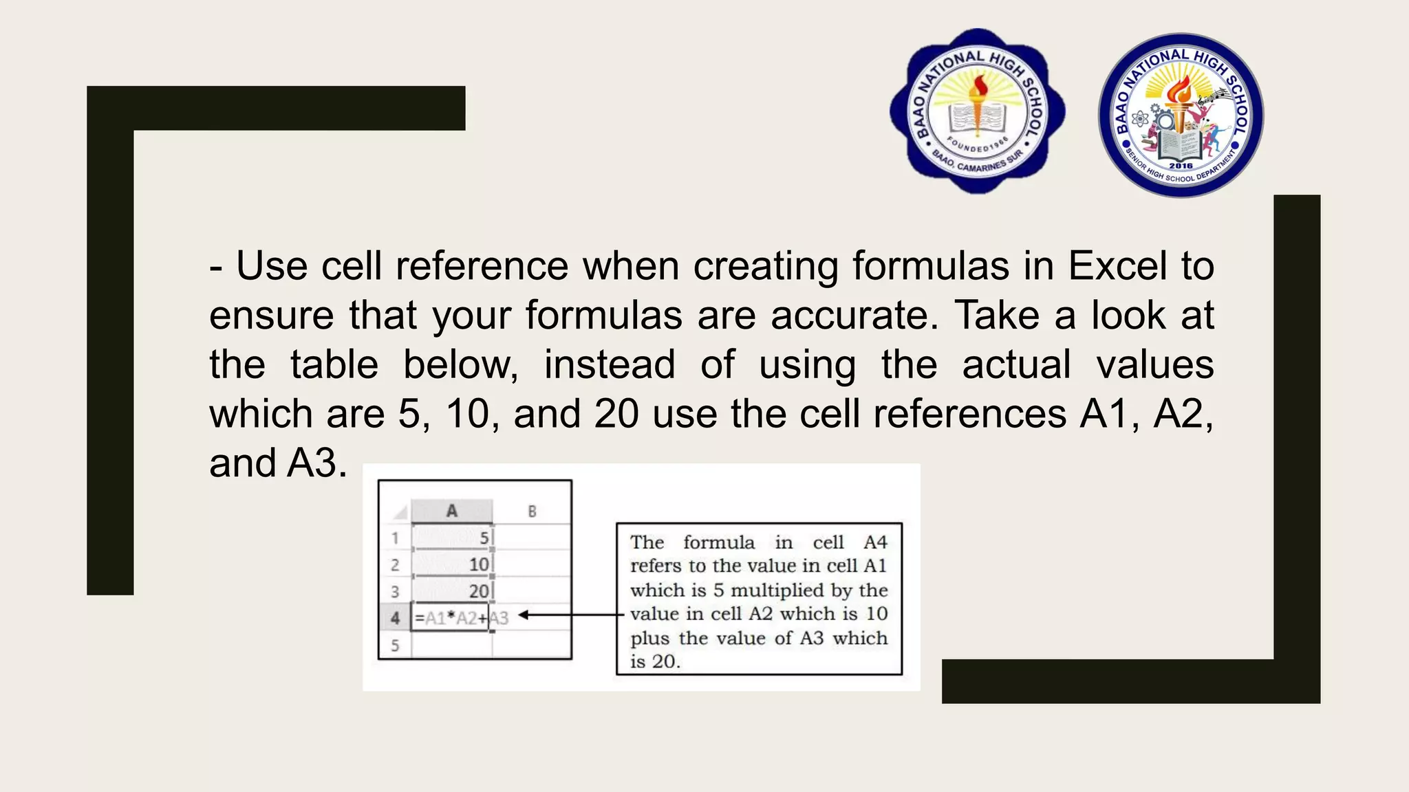 - Use cell reference when creating formulas in Excel to
ensure that your formulas are accurate. Take a look at
the table below, instead of using the actual values
which are 5, 10, and 20 use the cell references A1, A2,
and A3.
 
