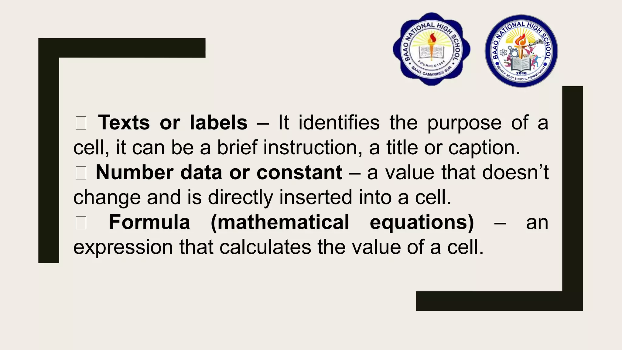 Texts or labels – It identifies the purpose of a
cell, it can be a brief instruction, a title or caption.
Number data or constant – a value that doesn’t
change and is directly inserted into a cell.
Formula (mathematical equations) – an
expression that calculates the value of a cell.
 