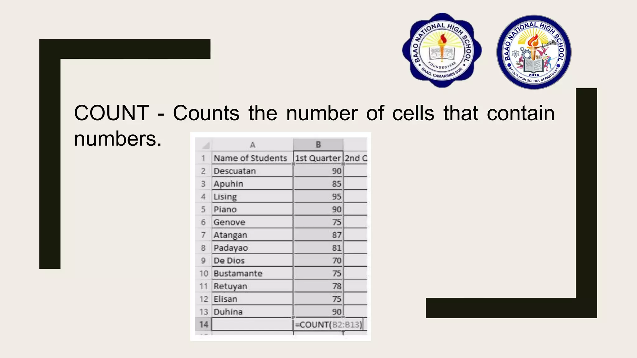 COUNT - Counts the number of cells that contain
numbers.
 