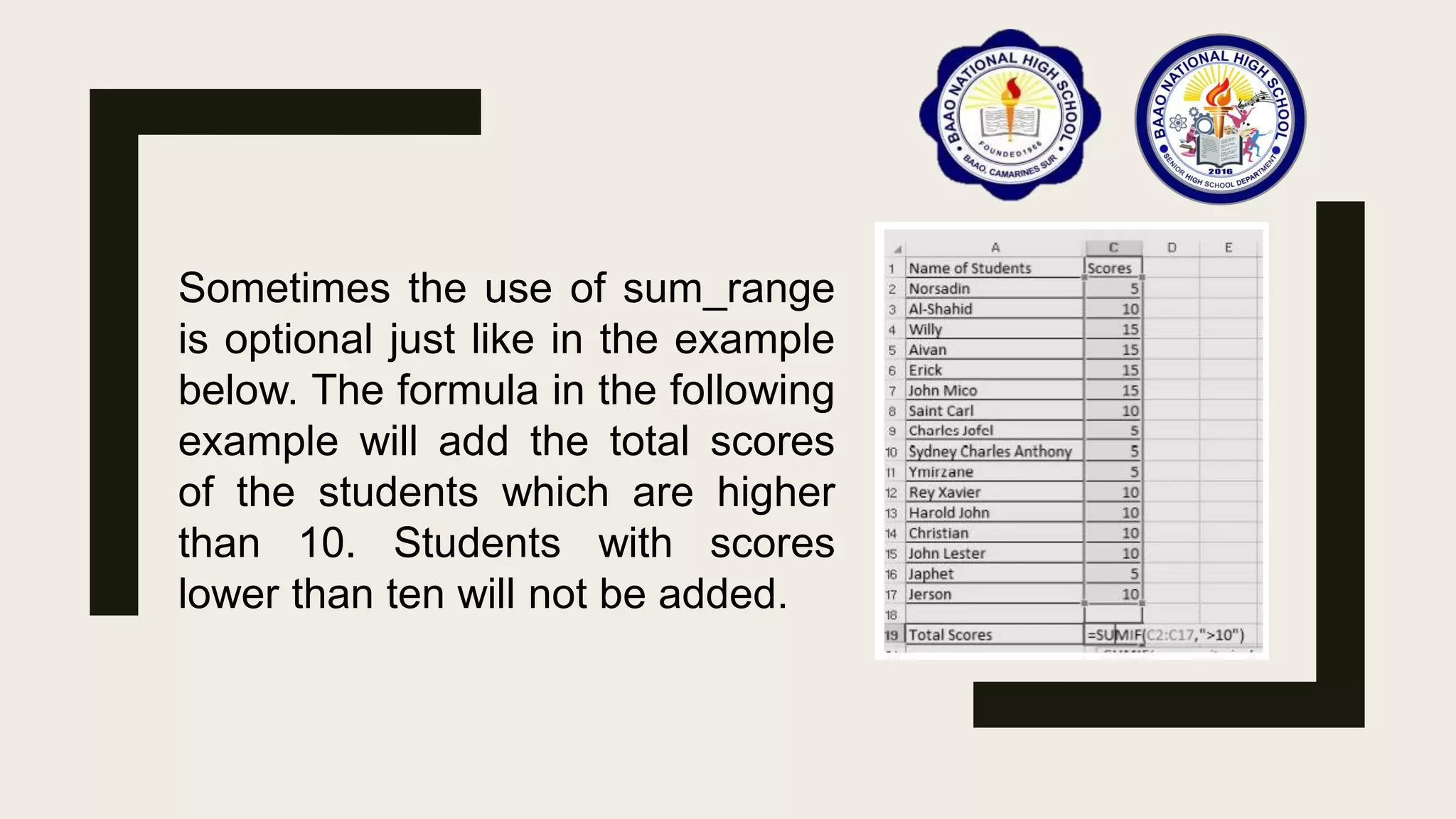 Sometimes the use of sum_range
is optional just like in the example
below. The formula in the following
example will add the total scores
of the students which are higher
than 10. Students with scores
lower than ten will not be added.
 