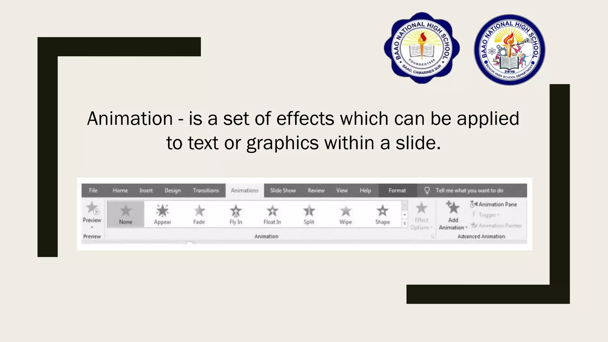 Animation - is a set of effects which can be applied
to text or graphics within a slide.
 