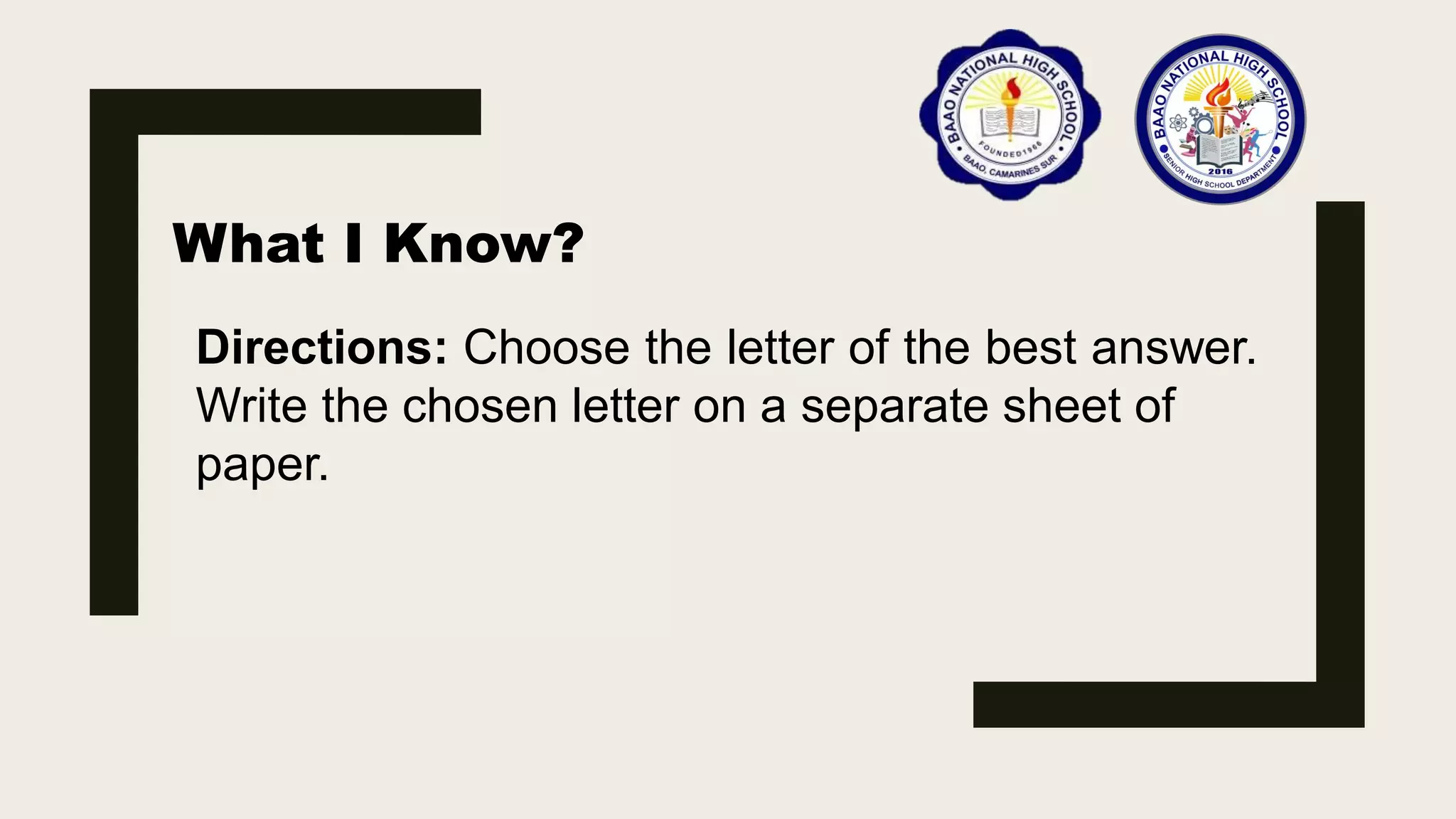 What I Know?
Directions: Choose the letter of the best answer.
Write the chosen letter on a separate sheet of
paper.
 