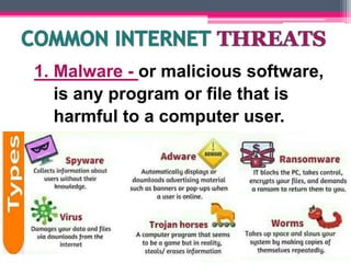 1. Malware - or malicious software,
is any program or file that is
harmful to a computer user.
 