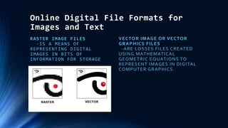 Online Digital File Formats for
Images and Text
RASTER IMAGE FILES
-IS A MEANS OF
REPRESENTING DIGITAL
IMAGES IN BITS OF
INFORMATION FOR STORAGE
VECTOR IMAGE OR VECTOR
GRAPHICS FILES
-ARE LOSSES FILES CREATED
USING MATHEMATICAL
GEOMETRIC EQUATIONS TO
REPRESENT IMAGES IN DIGITAL
COMPUTER GRAPHICS.
 