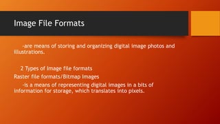 Image File Formats
-are means of storing and organizing digital image photos and
illustrations.
2 Types of Image file formats
Raster file formats/Bitmap Images
-is a means of representing digital images in a bits of
information for storage, which translates into pixels.
 