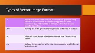 Types of Vector Image Format
.ai Adobe illustration file is the file extensions for graphics using
Adobe illustrator which is created using paths and lines
connected by points instead of bitmaps, which may include
objects, color, text.
.drw Drawing file is the generic drawing created and stored in a vector
.ps Postscript file is a page description language (PDL) developed by
Adobe.
.svg Scalable Vector graphics is the most common vector graphic format
on the internet.
 
