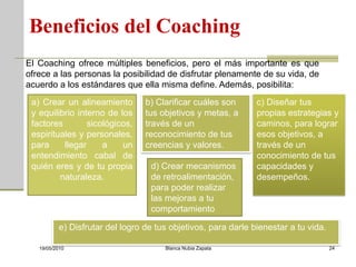Beneficios del Coaching
El Coaching ofrece múltiples beneficios, pero el más importante es que
ofrece a las personas la posibilidad de disfrutar plenamente de su vida, de
acuerdo a los estándares que ella misma define. Además, posibilita:
 a) Crear un alineamiento         b) Clarificar cuáles son      c) Diseñar tus
 y equilibrio interno de los      tus objetivos y metas, a      propias estrategias y
 factores        sicológicos,     través de un                  caminos, para lograr
 espirituales y personales,       reconocimiento de tus         esos objetivos, a
 para     llegar     a    un      creencias y valores.          través de un
 entendimiento cabal de                                         conocimiento de tus
 quién eres y de tu propia         d) Crear mecanismos          capacidades y
         naturaleza.               de retroalimentación,        desempeños.
                                   para poder realizar
                                   las mejoras a tu
                                   comportamiento

           e) Disfrutar del logro de tus objetivos, para darle bienestar a tu vida.

   19/05/2010                          Blanca Nubia Zapata                            24
 
