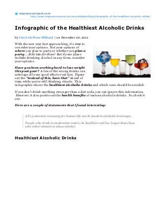 empowernet work.com
         http://www.empowernetwork.com/carolehibbard/blog/infographic-of-the-healthiest-alcoholic-drinks/




Infographic of the Healthiest Alcoholic Drinks
by Carole & Steve Hibbard | on December 26, 2012

With th e n ew year fast approach in g , it’s time to
con sider your option s. Not your option s of
where you plan to party or wh eth er you plan a
party…..little late for those! But if your plan s
in clude drin kin g alcoh ol in an y form, con sider
your option s.

Have you been working hard to lose weight
this past year? A few of th e wron g drin ks can
sabotag e all your g ood efforts real fast. Fig ure
out th e “instead of this, have that” ah ead of
time, wh ile you’re still th in kin g clearly. Th is
in fog raph ic sh ows th e healthiest alcoholic dr inks an d wh ich on es sh ould be avoided.

If you don ’t drin k an yth in g stron g er th an a diet soda, you can ig n ore th is in formation .
 However, it also poin ts out th e health benefits of various alcoh olic drin ks. So ch eck it
out.

Here are a couple of statements that I found interesting:


       All 13 minerals necessary for human life can be found in alcoholic beverages.

       People who drink in moderation tend to be healthier and live longer than those
       who either abstain or abuse alcohol.


Healthiest Alcoholic Drinks
 
