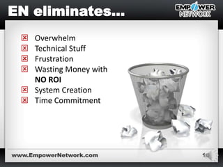10
 Overwhelm
 Technical Stuff
 Frustration
 Wasting Money with
NO ROI
 System Creation
 Time Commitment
www.EmpowerNetwork.com
 