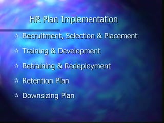 HR Plan Implementation
C   Recruitment, Selection & Placement
C   Training & Development
C   Retraining & Redeployment
C   Retention Plan
C   Downsizing Plan
 