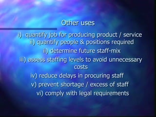 Other uses
i) quantify job for producing product / service
       ii) quantify people & positions required
              ii) determine future staff-mix
 iii) assess staffing levels to avoid unnecessary
                          costs
       iv) reduce delays in procuring staff
        v) prevent shortage / excess of staff
           vi) comply with legal requirements
 