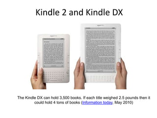 Kindle 2 and Kindle DXThe Kindle DX can hold 3,500 books. If each title weighed 2.5 pounds then it could hold 4 tons of books (Information today, May 2010)