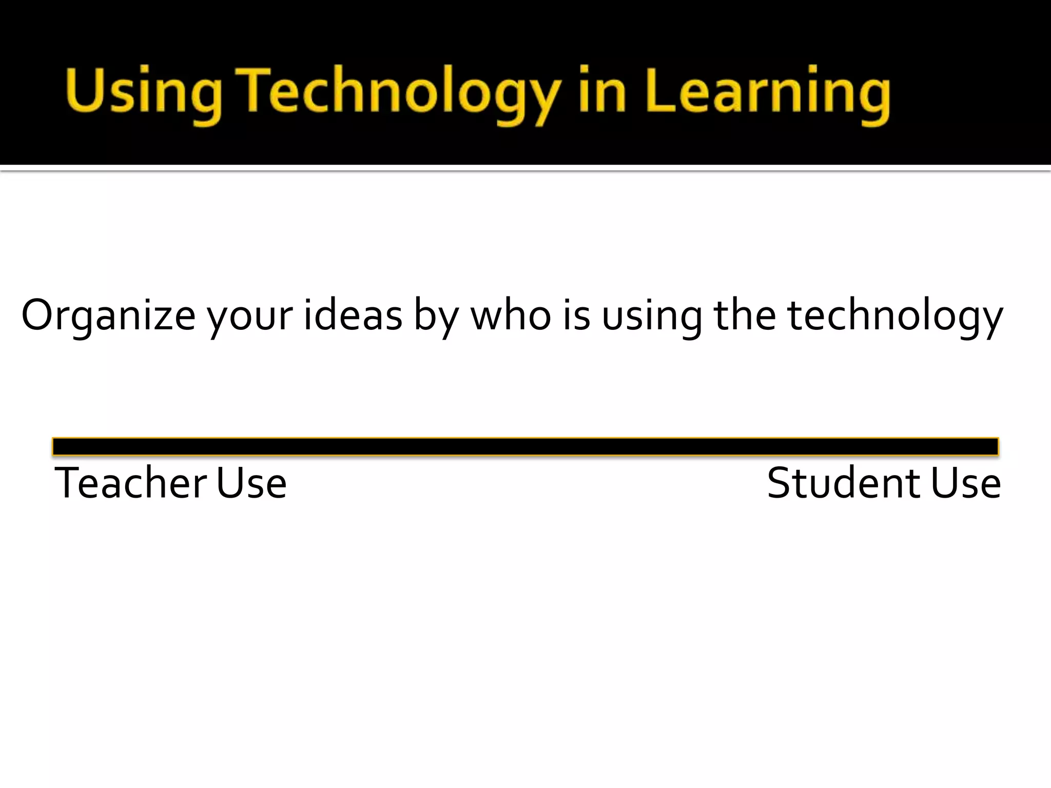 Organize your ideas by who is using the technology


 Teacher Use                         Student Use
 