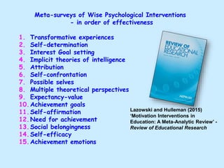 Meta-surveys of Wise Psychological Interventions
- in order of effectiveness
1. Transformative experiences
2. Self-determi...