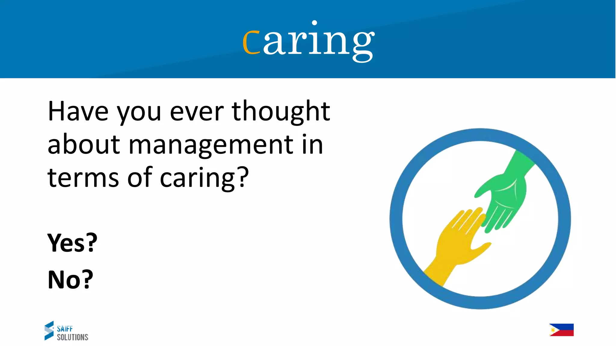 Caring
Have you ever thought
about management in
terms of caring?
Yes?
No?
Caring
 